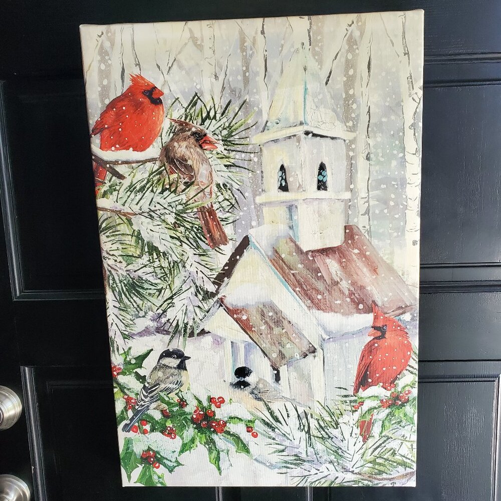 Holiday Cardinals And Church Canvas Art Print